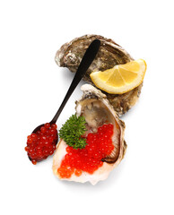 Tasty oysters with lemon and red caviar on white background