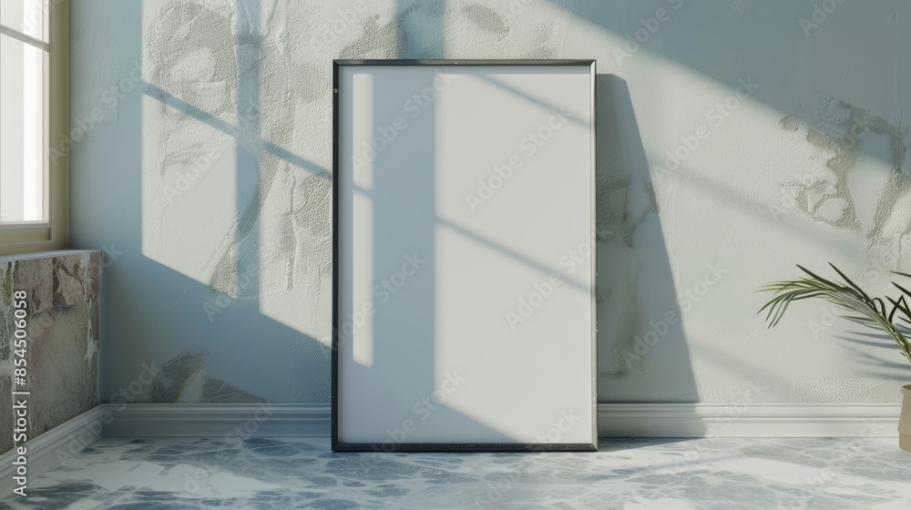 Aufkleber a large, blank picture frame is centered in a room with sunlight streaming through a window, creatin