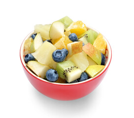 Bowl with fresh fruit salad on white background