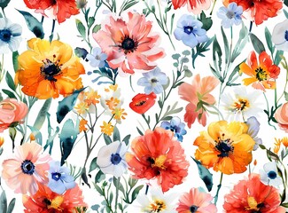 Watercolor colorful floral seamless pattern, large flowers, white background, bright colors, in the style of various artists