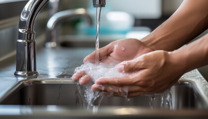Washing hands with soap under running water to prevent the spread of germs and bacteria Good hygiene practices