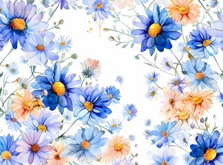 Watercolor colorful floral seamless pattern, large flowers, white background, bright colors, in the style of various artists