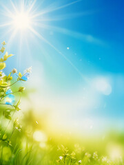 Blue spring background with light green, sunlight and blur