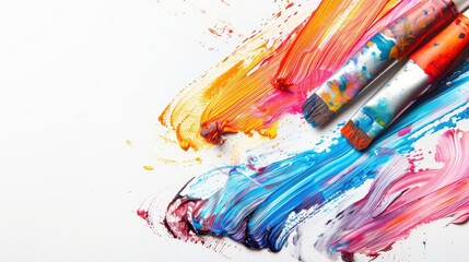 Colorful acrylic paint tubes on white background with pastel oil paint smudges Artistic workshop with copy space