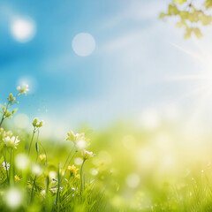 Obraz premium Blue spring background with light green, sunlight and blur
