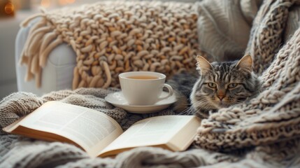 Cozy cat with book and tea on knitted blanket in living room during colder seasons