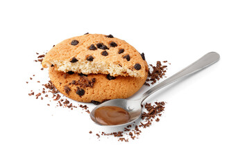 Tasty cookies with chocolate chips and spoon of sauce on white background
