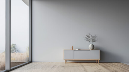 Modern sideboard next to a window in a luxury living room interiors composition in light grey color. Minimalist residential real estate composition.