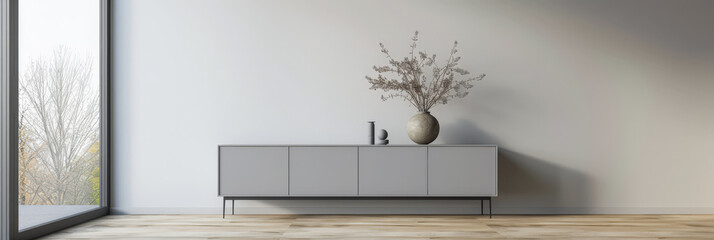 Modern sideboard next to a window in a luxury living room interiors composition in light grey color. Minimalist residential real estate composition.