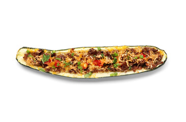 Tasty meat stuffed zucchini boat on white background