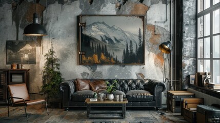 A rustic living room with exposed brick walls, a large window, and a leather sofa. A large framed photo of a mountain scene hangs above the sofa.