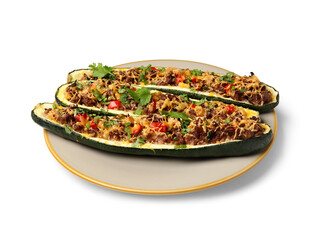 Plate with meat stuffed zucchini boats on white background