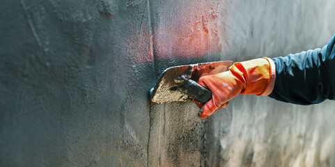 person is plastering cement on wall with a brush