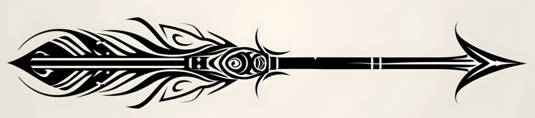 Minimalist Tribal Black Arrow with Spirals on White Background