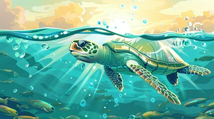 Obraz premium A green sea turtle gracefully glides through a vibrant underwater scene, surrounded by shimmering sunlight and playful fish.