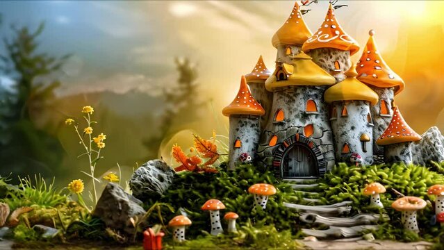 A fairy tale castle on a hill with whimsical elements around. Concept Fantasy, Castle, Whimsical, Magical, Fairytale