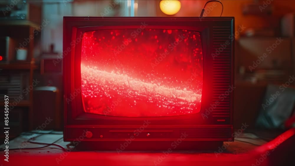 Poster vintage tv screen displaying glitchy distorted signal with artifacts and interference reminiscent of