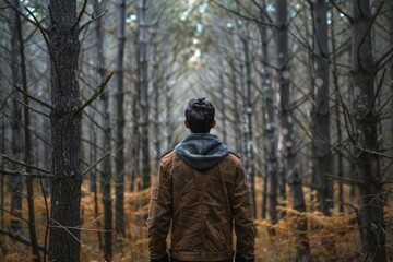 Obraz premium This image shows a man standing between trees during daytime, highlighting tranquility and harmony in nature. This image is suitable for content related to nature, relaxation, travel, and more.