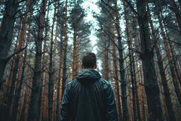 Naklejka premium This image shows a man standing between trees during daytime, highlighting tranquility and harmony in nature. This image is suitable for content related to nature, relaxation, travel, and more.