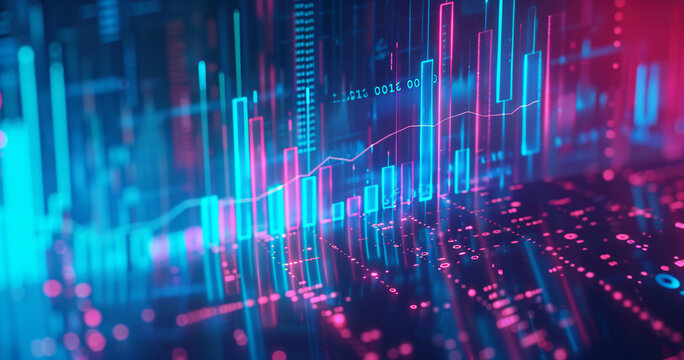 modern financial background with stock market chart and bar graph, blue theme, digital glowing effect