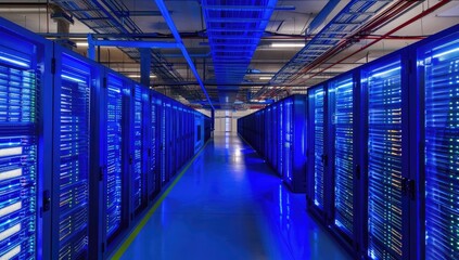 A long hallway is filled with rows of servers in a data center