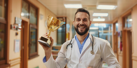 Professional honor achievement victory winner recognition in the medical healthcare field. Smiling happy successful respected doctor in a white coat holding a trophy award prize in hospital