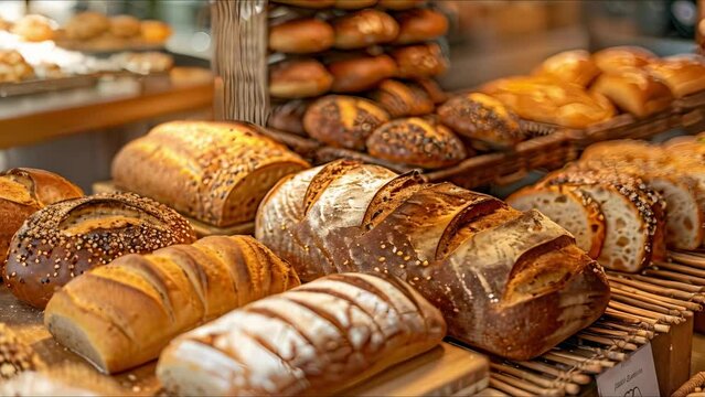 An array of freshly baked bread loaves showcased at a bakery. Concept Bakery Display, Freshly Baked Bread, Artisan Loaves, Food Photography, Tempting Treats