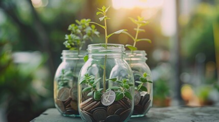 Three Glass Jars With Plants and Coins Growing Inside