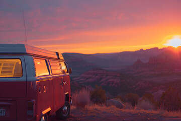 Obraz premium vibrant sunset over rugged landscape from retro camper van