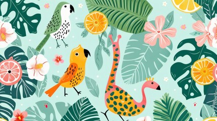 Fototapeta premium A vibrant illustration featuring colorful birds, tropical leaves, and citrus fruits, creating a lively and cheerful tropical scene.