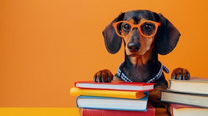 Dachshund in professor costume with books on orange background for back to school theme
