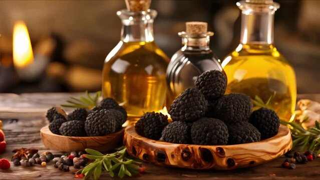 Wooden plate with black truffles on table. Concept Food Photography, Gourmet Cuisine, Luxury Dining, Elegant Presentation