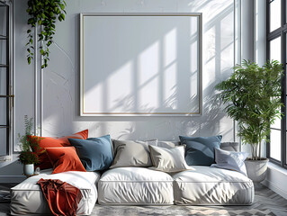 mockup frame in a modern living room with sofa, generated ai