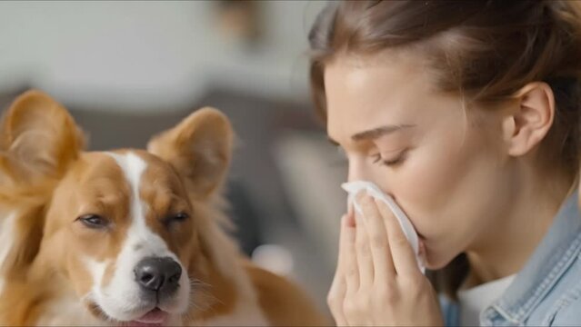 Someone with allergies sneezing near a pet at home. Concept Allergies, Pet, Sneezing, Home, Health