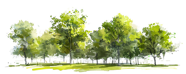 Trees in the park sketch drawing in watercolor ink painting element design, isolated on white background, png