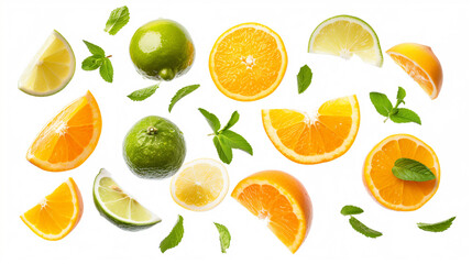Assorted citrus fruits and leaves arranged on a white background.