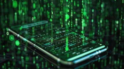 A smartphone screen with a 'System Hacked' alert popping up, surrounded by a digital matrix of green numbers