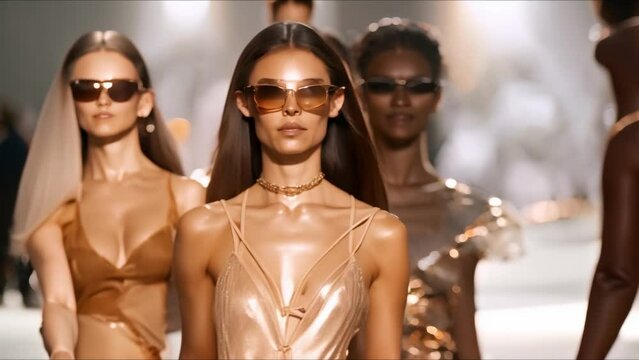 Models showcasing latest fashion trends on runway at glamorous fashion week. Concept Fashion Week, Runway Show, Latest Trends, Glamorous Event, Model Showcase