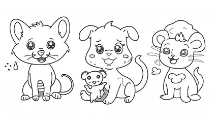 Obraz premium A coloring page featuring a cat, a dog, and a mouse in a cartoon style.