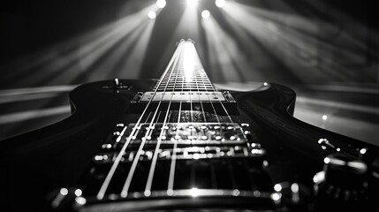 Close up shot of an electric guitar under stage lights in black and white