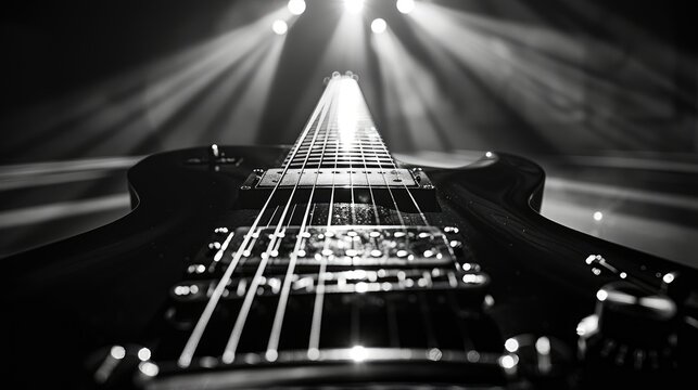 Close up shot of an electric guitar under stage lights in black and white