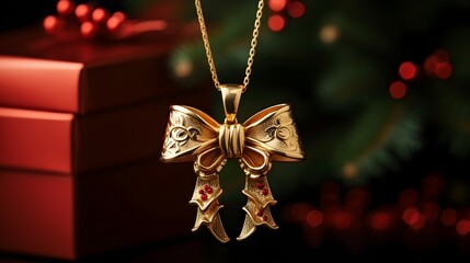 Fototapeta premium A yellow gold Christmas bow wreath pendant necklace UHD Wallpaper