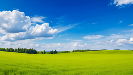Obraz premium Digital composition of green meadow and blue sky backgrounds. Panoramic natural landscape with green grass field. Ai generative