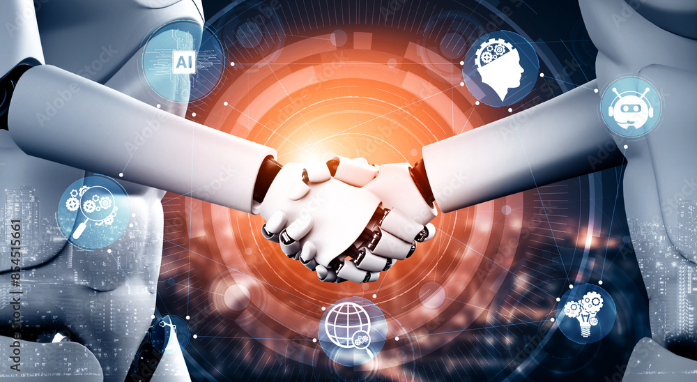Poster mlp 3d illustration humanoid robot handshake to collaborate future technology development by ai thin