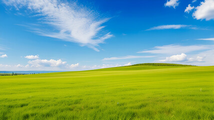 Obraz premium Digital composition of green meadow and blue sky backgrounds. Panoramic natural landscape with green grass field. Ai generative