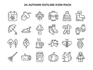 24 Autumn Element Outline Icon Set - Autumn Season Icon Pack Vector Illustration