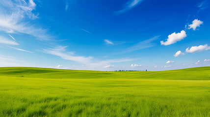 Obraz premium Digital composition of green meadow and blue sky backgrounds. Panoramic natural landscape with green grass field. Ai generative