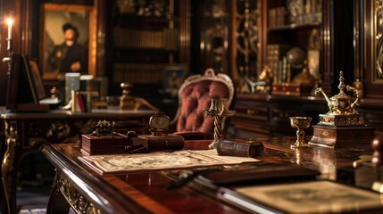 Antique English furniture in dimly lit room with men s accessories Rich colors and blurred focus photograph