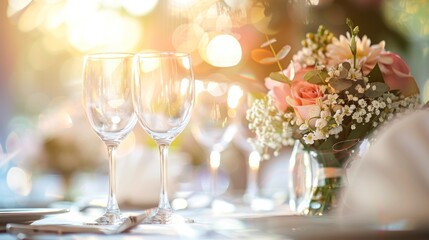 Beautiful wedding table with flowers, gold plates, and glasses on the long table for a luxury dinner, Modern floral design for outdoor wedding.