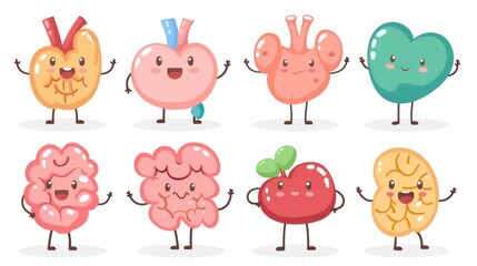 Fototapeta premium Eight different organs with adorable cartoon faces and limbs in various colors.